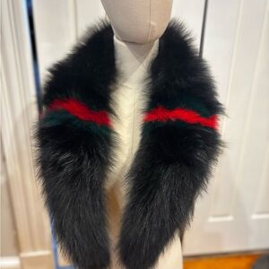 Source Unknown Black Fur Stole with Red and Green Stripes
